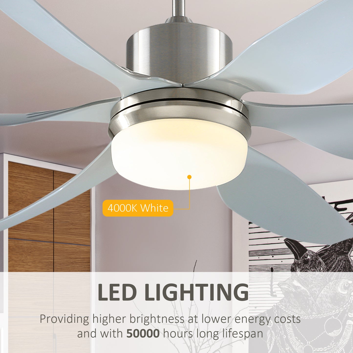 Reversible Ceiling Fan With Light, 6 Blades Indoor Modern Mount LED Lighting Fan With Remote Controller, For Bedroom, Living Room, Silver