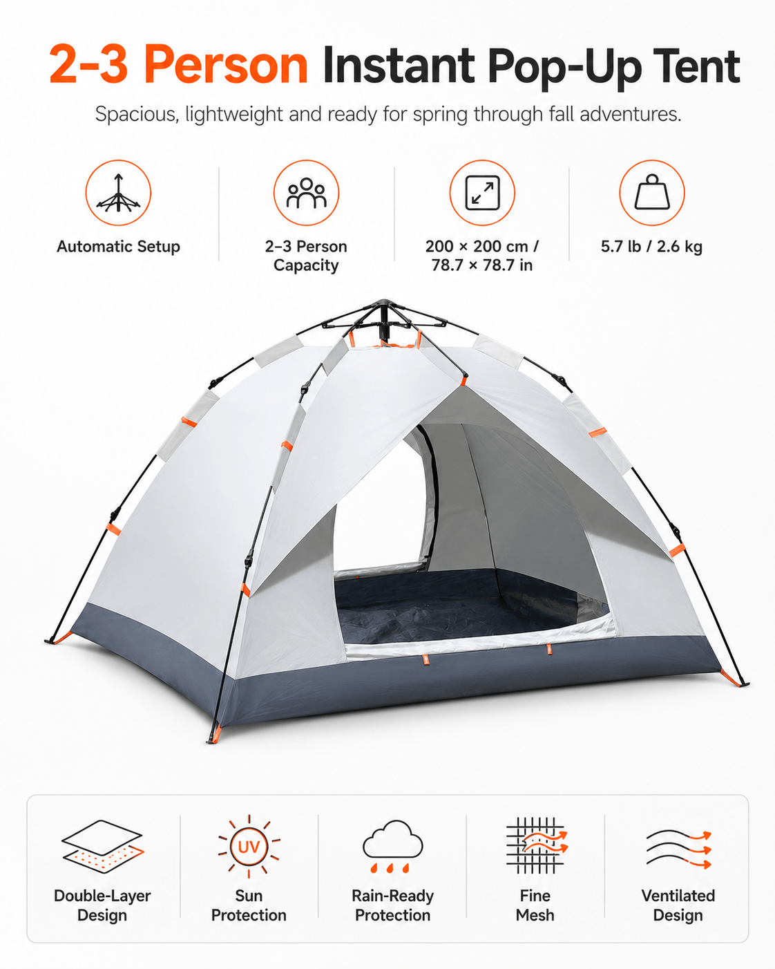 Automatic Pop Up Tent for 2-3 Person, Upgraded Camping Tent Waterproof & UV Protection
