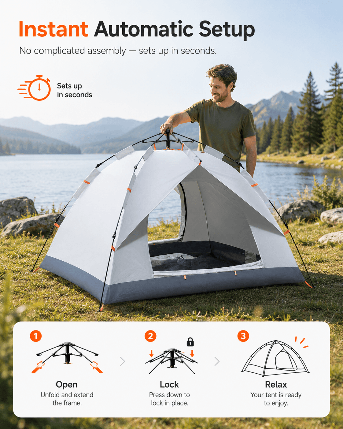 Automatic Pop Up Tent for 2-3 Person, Upgraded Camping Tent Waterproof & UV Protection