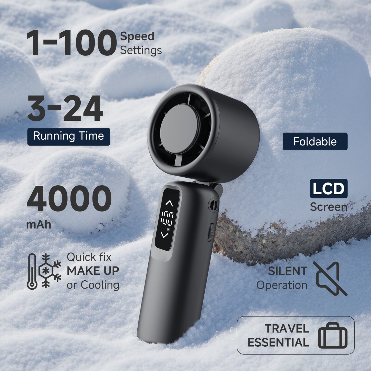 Portable Handheld Fan with LCD Display - 1-100 Speed Settings, 4000mAh Rechargeable Battery, Foldable Design for Travel