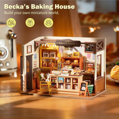 Mini Home DIY Assembly Model, Becca's Bakery, 3D Puzzle Toy, 256-piece Wooden Model With LED Lights, Creative Home Decor And Adult Gift