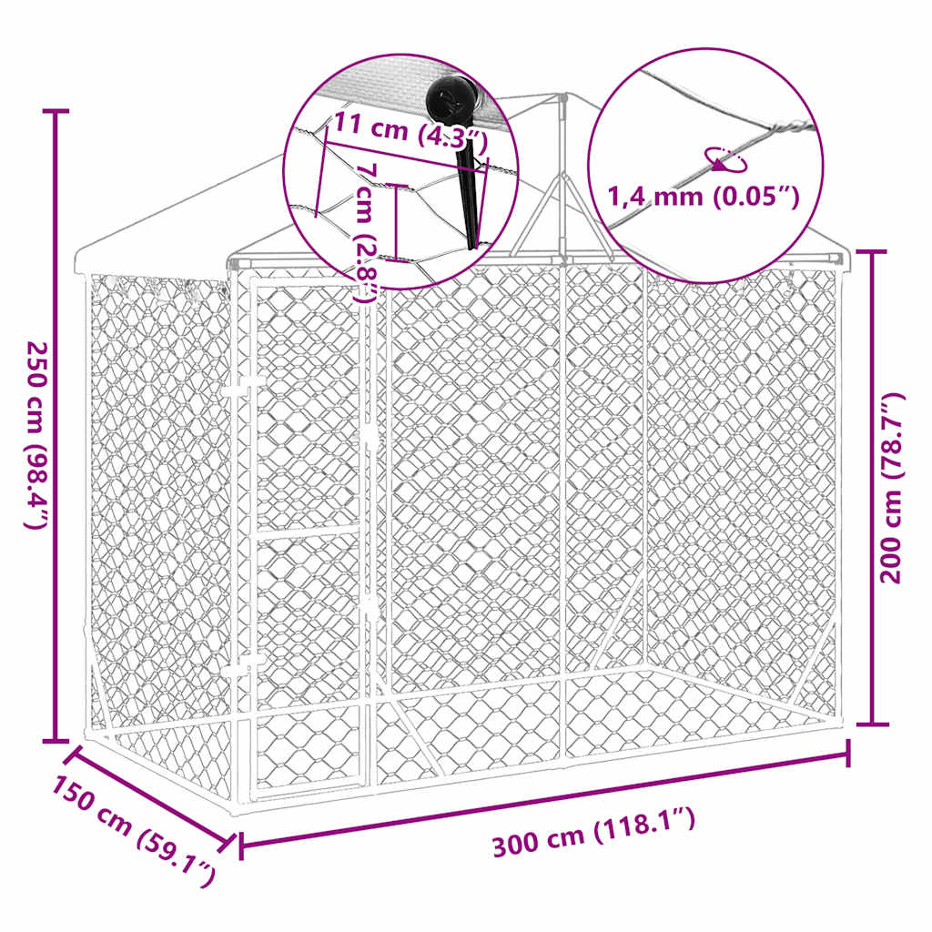 Outdoor Dog Kennel with Roof, Silver, 3x1.5x2.5m, Galvanized